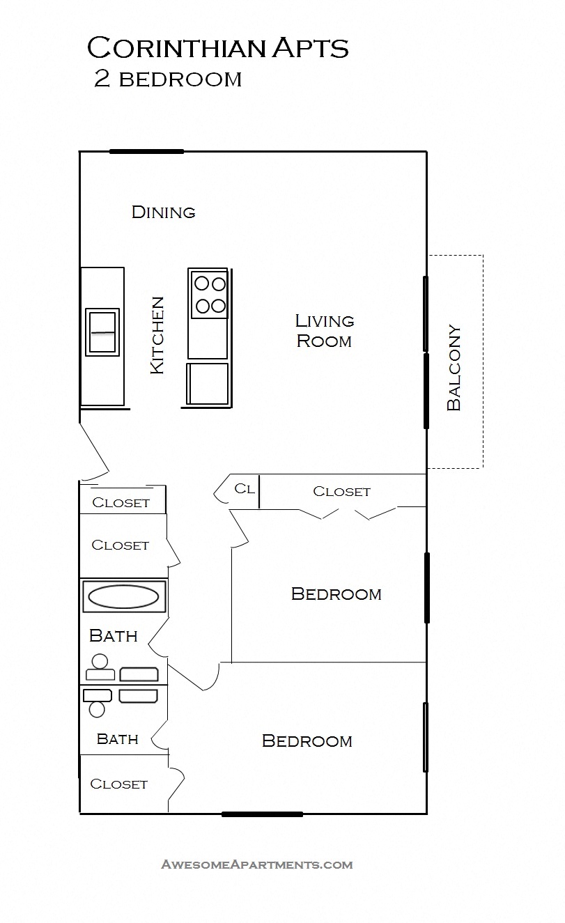 Floor plan for 2 beds, 1.5 baths, 945 sqft